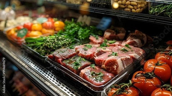 Fototapeta A display of meat and vegetables in a grocery store