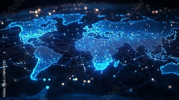 Fototapeta Blue abstract digital map of world map with lines and dots connected. Suitable for travel, navigation, cartography, geography, cyber technology concepts, data transfer and business information network