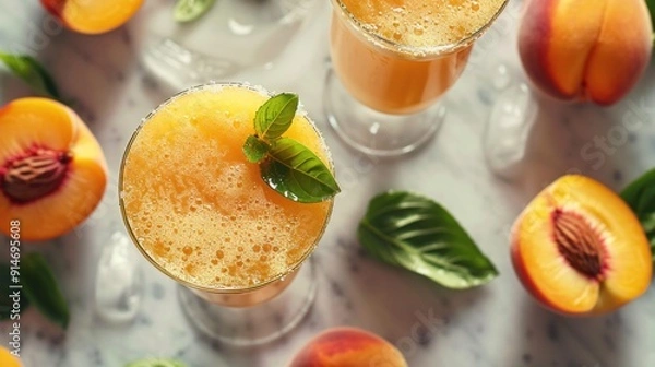 Obraz Peach Cocktails with Basil Garnish