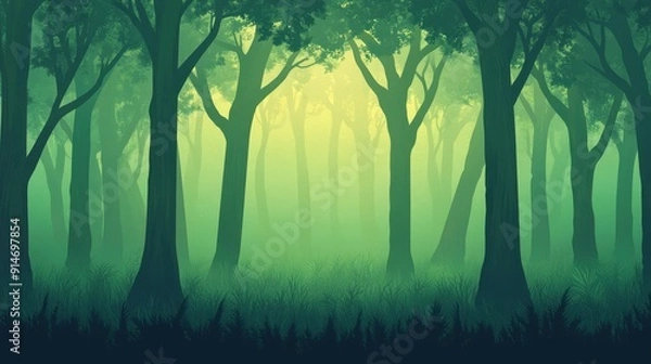 Fototapeta A forest landscape with towering trees and a mystical green fog, inviting exploration and tranquility in nature.