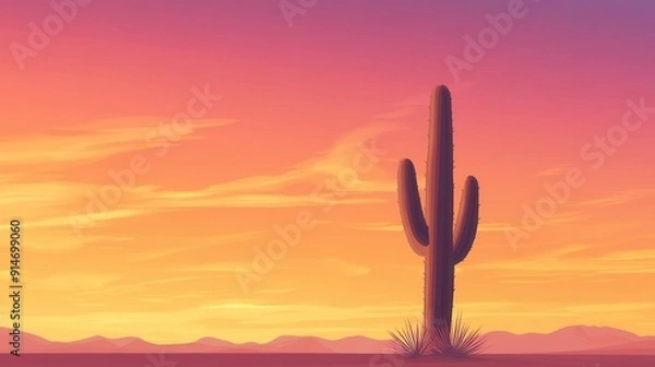 Fototapeta A tranquil sunset scene featuring a solitary cactus against a colorful sky, perfect for nature and desert-themed visuals.