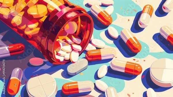 Fototapeta Animated close-up of a pill bottle and capsules, detailed in vector illustration style on a white background