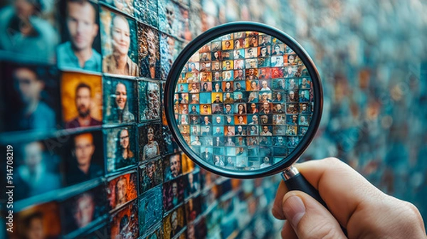 Fototapeta A hand holding a magnifying glass closely examines a wall filled with diverse individual portraits, representing detailed scrutiny or selection.