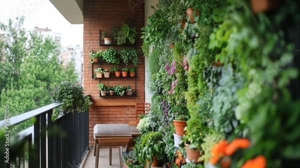 Fototapeta A cozy balcony garden with abundant greenery, featuring vertical planters and potted plants creating a serene outdoor space.