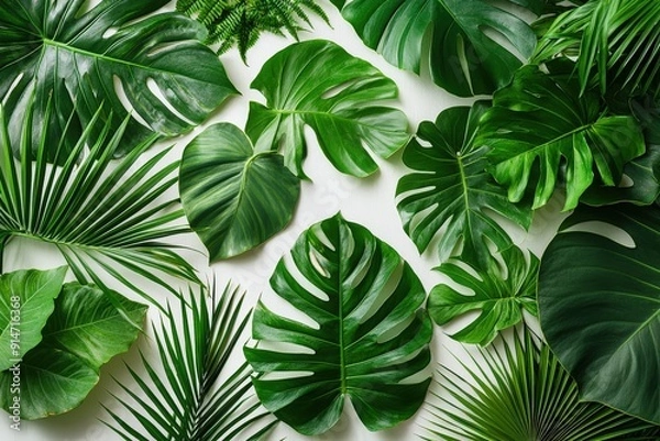 Fototapeta Various tropical leaves are beautifully arranged on a light background, showcasing their lush textures and vibrant green hues
