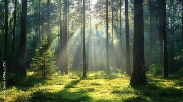 Obraz A serene forest clearing bathed in dappled sunlight with towering pine trees