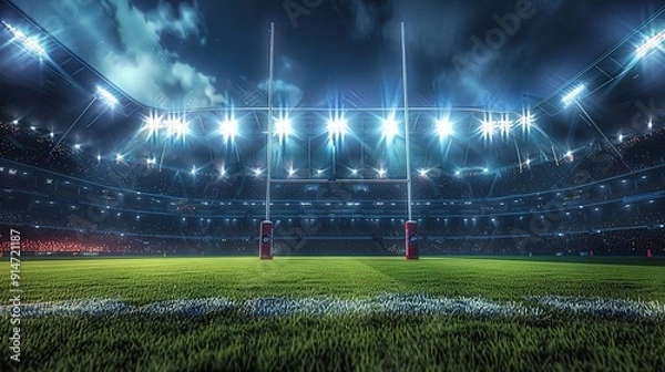 Fototapeta Bright Rugby Stadium Lights Illuminate Nighttime Match with Large Enthusiastic Crowd, Green Grass Field, and Rugby Goal Posts in a Photorealistic Wide-Angle View of Sports Event Atmosphere