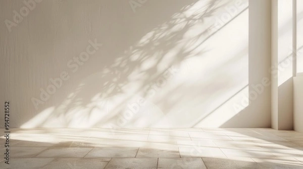 Obraz Geometric sunlight shadows on white wall and beige floor, blank template for product display, branding showcase background