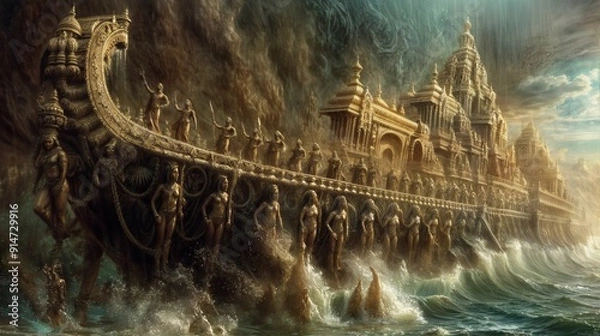 Fototapeta An ancient ship adorned with intricate sculptures of mythical figures sails through stormy seas, exuding a sense of mystery and grandeur..