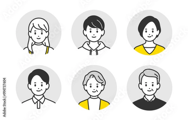 Fototapeta 高校生･中年･シニアの顔アイコンセット【人物ベクターイラスト素材】