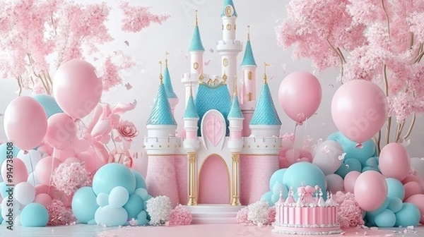 Fototapeta Whimsical 3D Render of Pastel Pink and Blue Princess Castle Birthday Setup with Balloons and Flowers