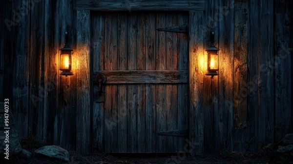 Fototapeta Rustic wooden door with glowing lanterns on an old building