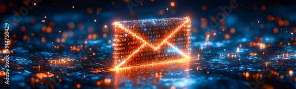Fototapeta A glowing digital envelope in vibrant orange, representing electronic mail, set against a futuristic backdrop of binary code and luminous lights.