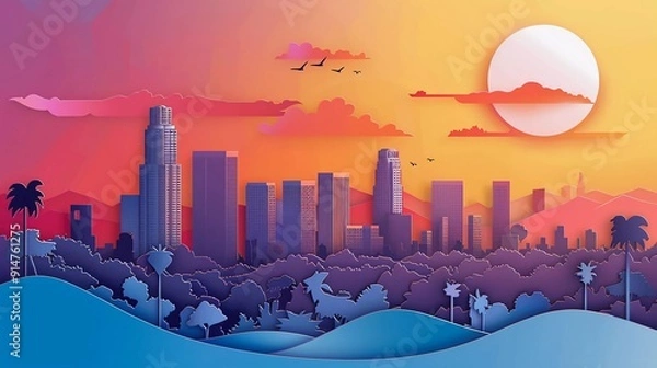Obraz Panoramic view of Los Angeles city skyline with world famous landmarks in paper cut style vector illustration