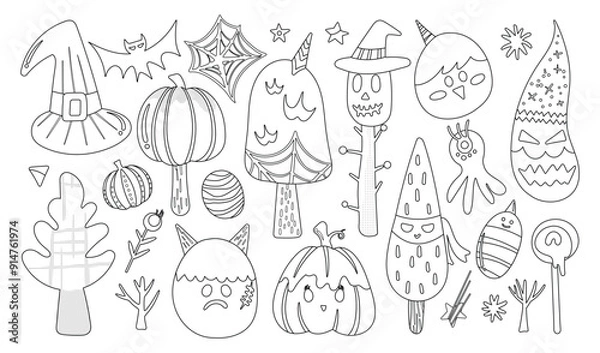 Fototapeta Set of isolated Halloween decoration elements in cute doodle hand-drawn graphic illustration style on transparent background, Volume 8: Black outline