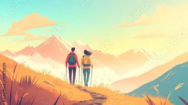 Fototapeta A couple enjoys a scenic mountain hike, surrounded by vibrant nature and breathtaking landscapes during a serene sunset.