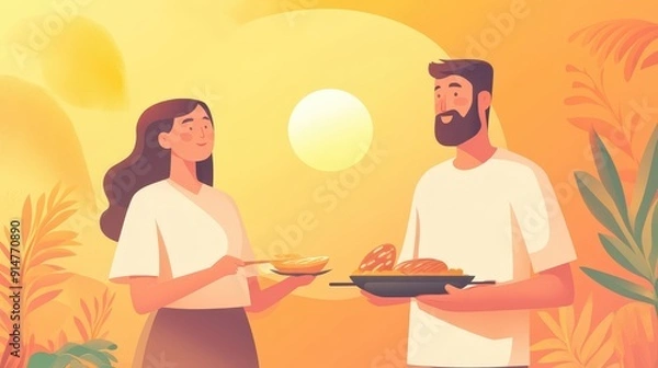 Fototapeta A couple sharing a meal at sunset, enjoying a romantic outdoor dining experience amidst tropical scenery.