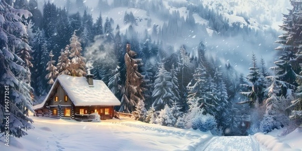 Fototapeta Illustrate a snowy winter landscape featuring a cozy Swiss chalet with smoke rising from the chimney, nestled among snow-covered pine trees.