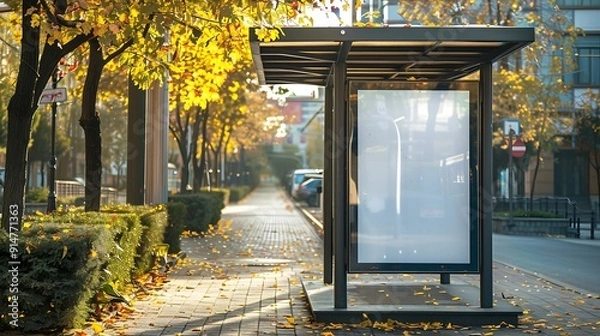 Obraz bus shelter at busstop blank white lightbox empty billboard bus shelter ad glass and aluminum structure transit station urban setting city street background stone sidewalk base for moc : Generative AI