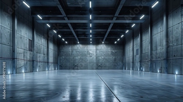 Obraz empty interior of large concrete room as warehouse or hangar with spotlights : Generative AI