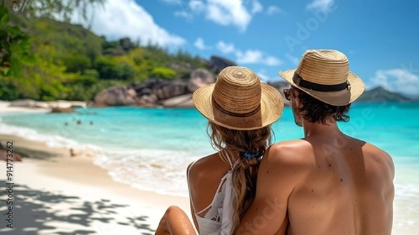 Obraz Anse Lazio Praslin Seychelles a young couple of men and women on a tropical beach during a luxury vacation in Seychelles Tropical beach Anse Lazio Praslin Seychelles : Generative AI
