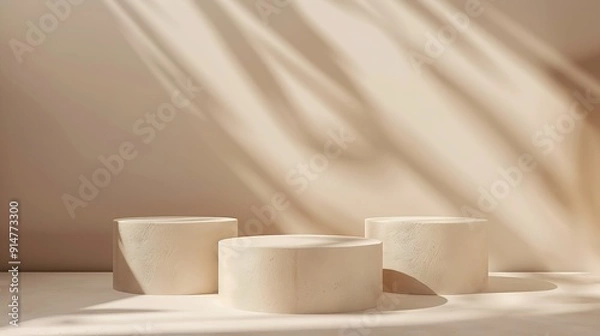 Obraz Three beige light podium for cosmetic product presentation : Generative AI