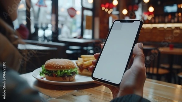 Obraz CU Photo of a person using his phone inside a fastfood restaurant Blank white smartphone screen mockup food order delivery discount coupon application mockup : Generative AI