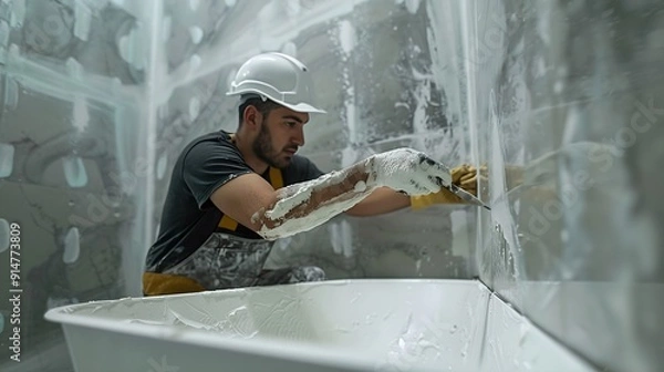 Obraz A builder worker applying waterproofing paint to the bathroom wall and floor Applying waterproofing in the bathroom : Generative AI