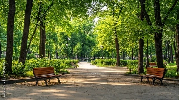 Obraz Park scenery with benches in summer　 21st century forest and plaza : Generative AI