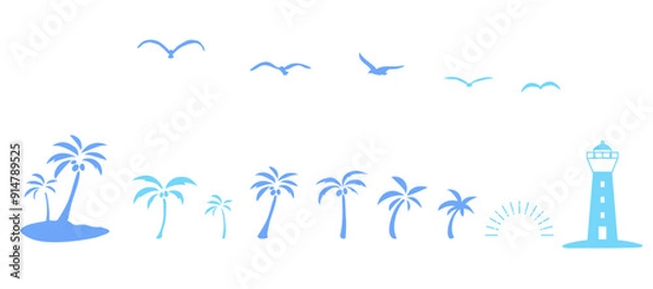 Fototapeta 海辺の風景のシルエットイラストのセット　背景イラスト　ヤシの木　灯台