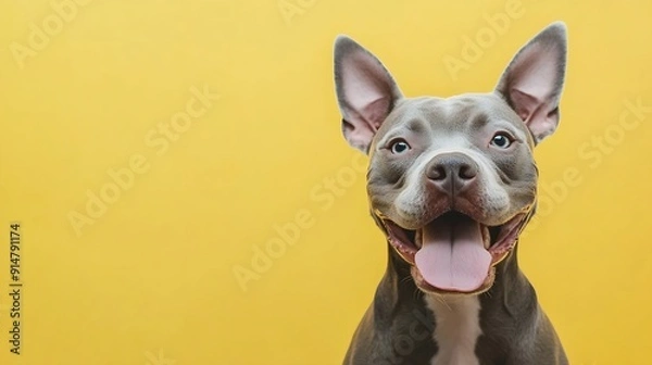 Obraz Studio headshot portrait of gray blue smiling pit bull type dog with tongue sticking out against a yellow background : Generative AI