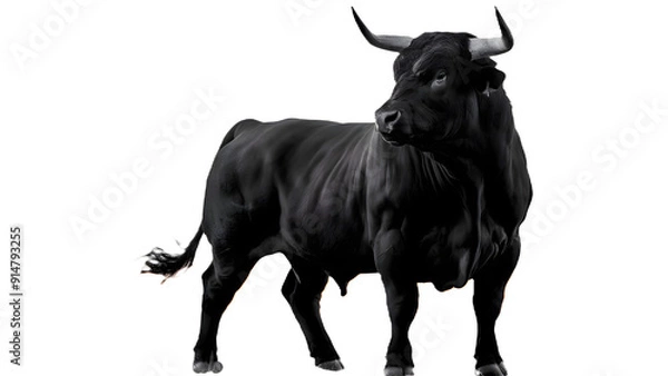 Fototapeta How about: Black and white bull illustration isolated on white background, featuring a cartoon-style cow with horns