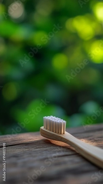 Fototapeta Wooden toothbrush on a wooden surface with