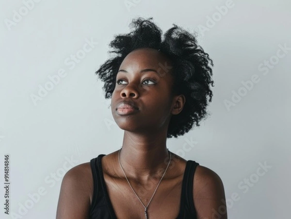 Fototapeta Thoughtful African American woman in minimalist studio, wearing black tank top, looking up, pure white backdrop creating calm and contemplative atmosphere, natural beauty introspective mood.