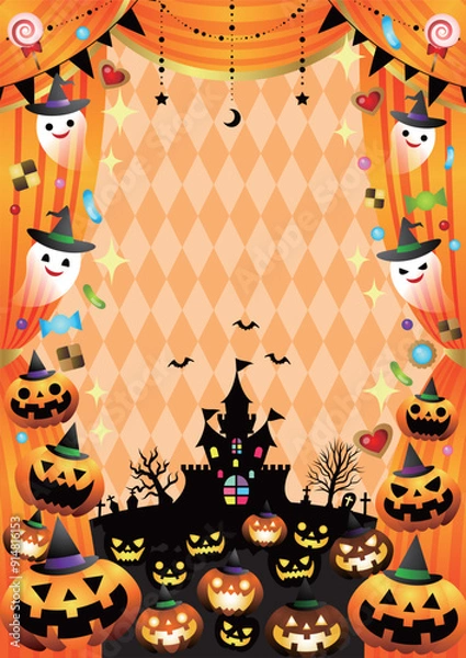 Fototapeta ハロウィン、イラスト、背景、お化け、カボチャ、かわいい、劇場、幕、オレンジ、縦