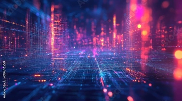 Fototapeta Futuristic 3D background with digital grids and neon lights, high-tech and colorful visual art