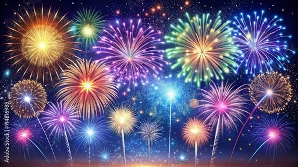 Obraz A Symphony of Colors Digital Painting of Fireworks Display, Celebrating the Night Sky with Exploding Brilliance - Fireworks, Night, Celebration, Holiday, Party, Spectacle