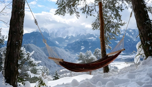 Obraz Relaxing hammock nestled in snowy pines with panoramic mountain vista.