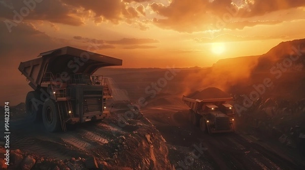 Fototapeta Two Mining Trucks Working at Sunset