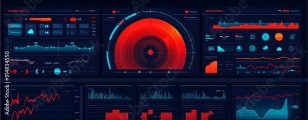 Fototapeta Flat design illustration of storm tracker interface with weather radar and icons for precipitation and wind.
