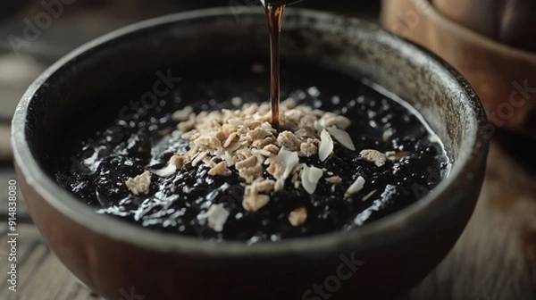 Fototapeta A cinematic close-up of a bowl of bubur ketan hitam, capturing the thick black glutinous rice porridge topped with coconut milk and palm sugar syrup. 