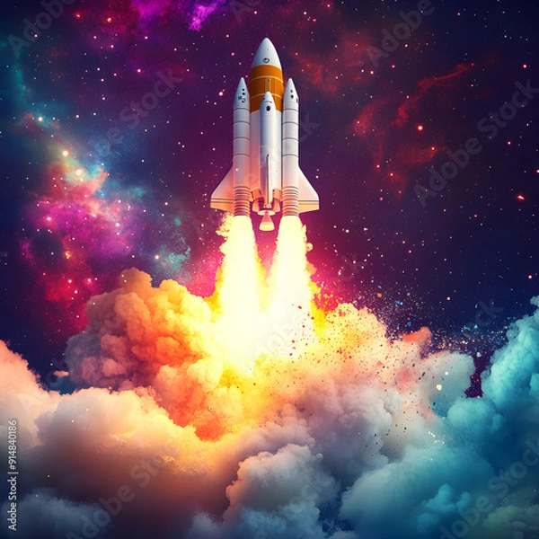 Fototapeta A space rocket launching into a vibrant, colorful galaxy, with flames and smoke billowing beneath, symbolizing innovation and exploration. The scene appears to be a surreal, generative digital artwork