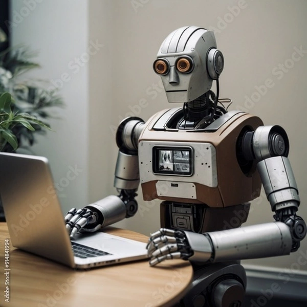Fototapeta robot in front of laptop, holding smart phone