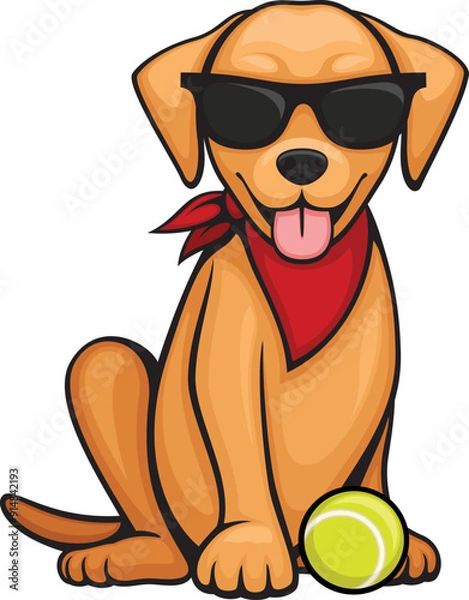 Fototapeta Vector illustration of a cartoon dog in a red bandana and sunglasses, with a green tennis ball.