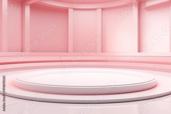 Fototapeta Minimalist pink podium in a round room with soft lighting.