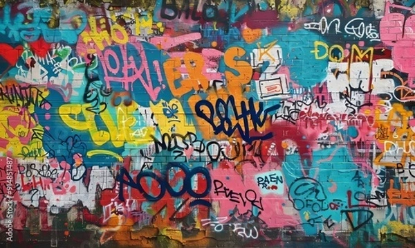 Obraz Abstract wall scribbles background. Street art graffiti texture with tags, drawings, inscriptions and spray paint stains, Generative AI 