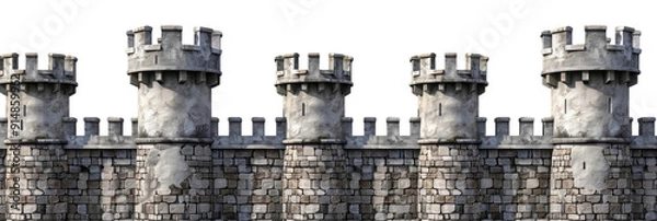 Fototapeta A stone castle wall with turrets and towers on a empty background.