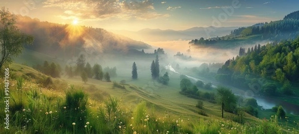 Fototapeta Mountain Landscape at Dawn with Mist and River