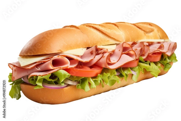 Obraz close Up Italian sub sandwich PNG sandwich with Italian dressing on a baguette isolated on white and transparent background - Salami Lettuce , Tomato and Pickles Restaurant Menu Advertising