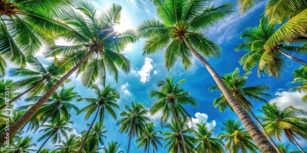 Fototapeta Blue sky and vibrant green palm trees viewed from below on a bright summer day at a tropical beach, blue sky, green